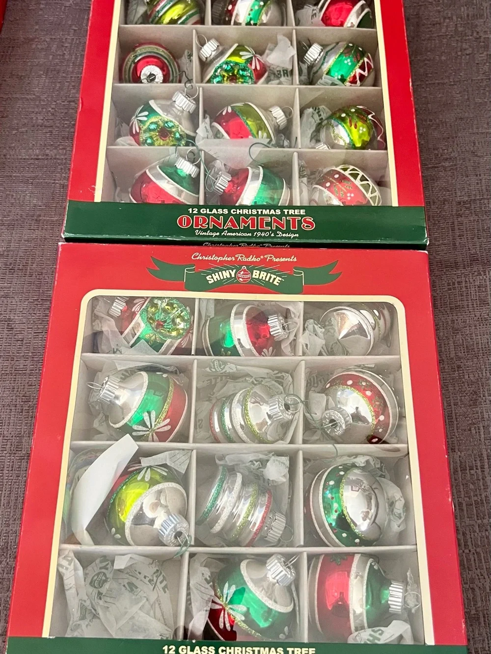 Christopher Radko Red and Green Vintage design ornaments. Lot of 4 boxes